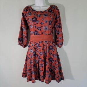 By Anthropologie Juniper Embroidered Swing Dress XS Rust Red Boho Cottagecore